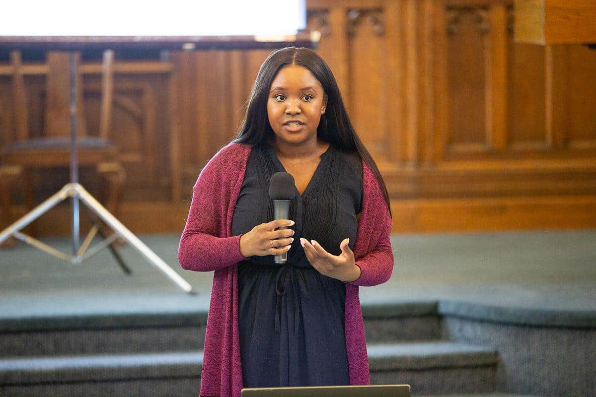 Jordana Wright speaks at East End United Church