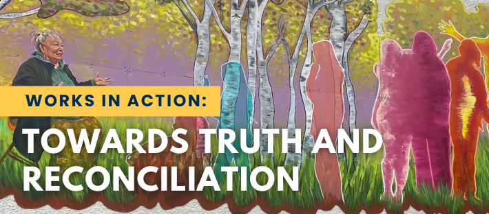 Truth and Reconciliation webinar replay banner featuring a mural at Inlet United Church painted by an Indigenous artist