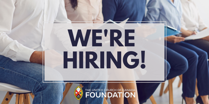 United Church of Canada Foundation hiring. people sitting in a row. text overlay: We're Hiring!
